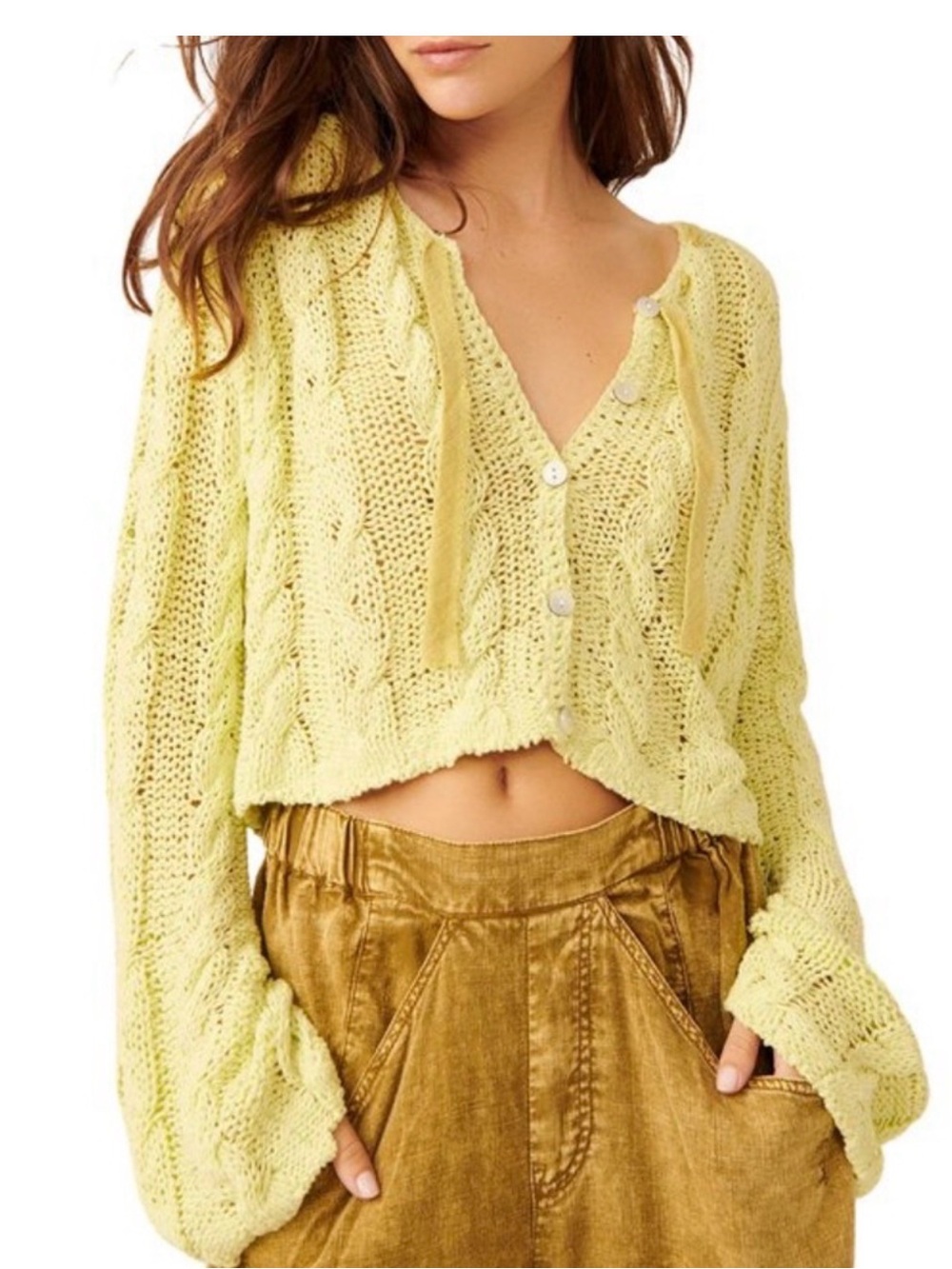 FREE PEOPLE ROBYN SHORT CABLE KNIT CARDIGAN LARGE AND XL LIME CREAM